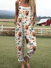 Sale Women's Highland Cow Print Casual Cotton Linen Wide Leg Jumpsuit
